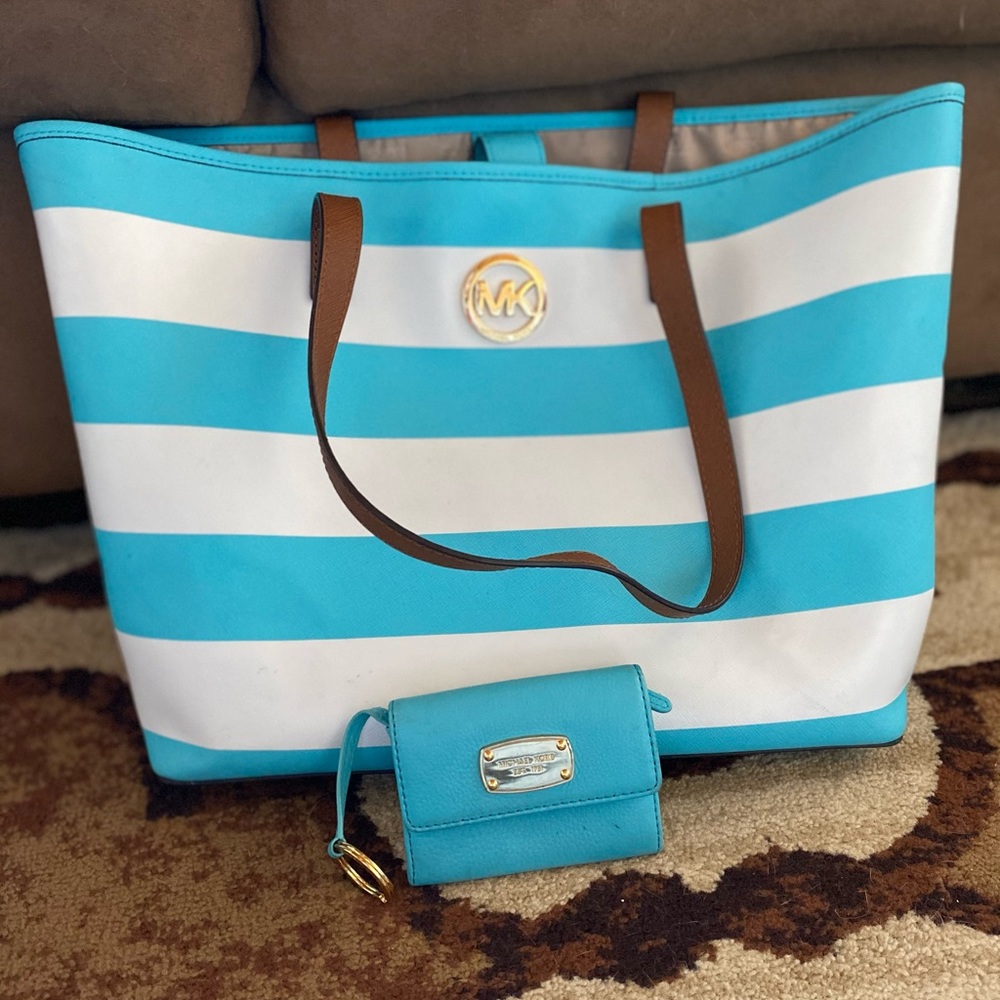 blue and white striped Michael Kors Tote